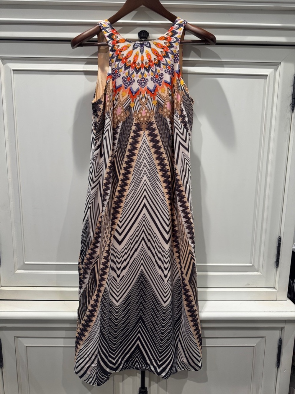 HD in Paris Beige Multi Chevron Maxi Dress with Embellished Neck